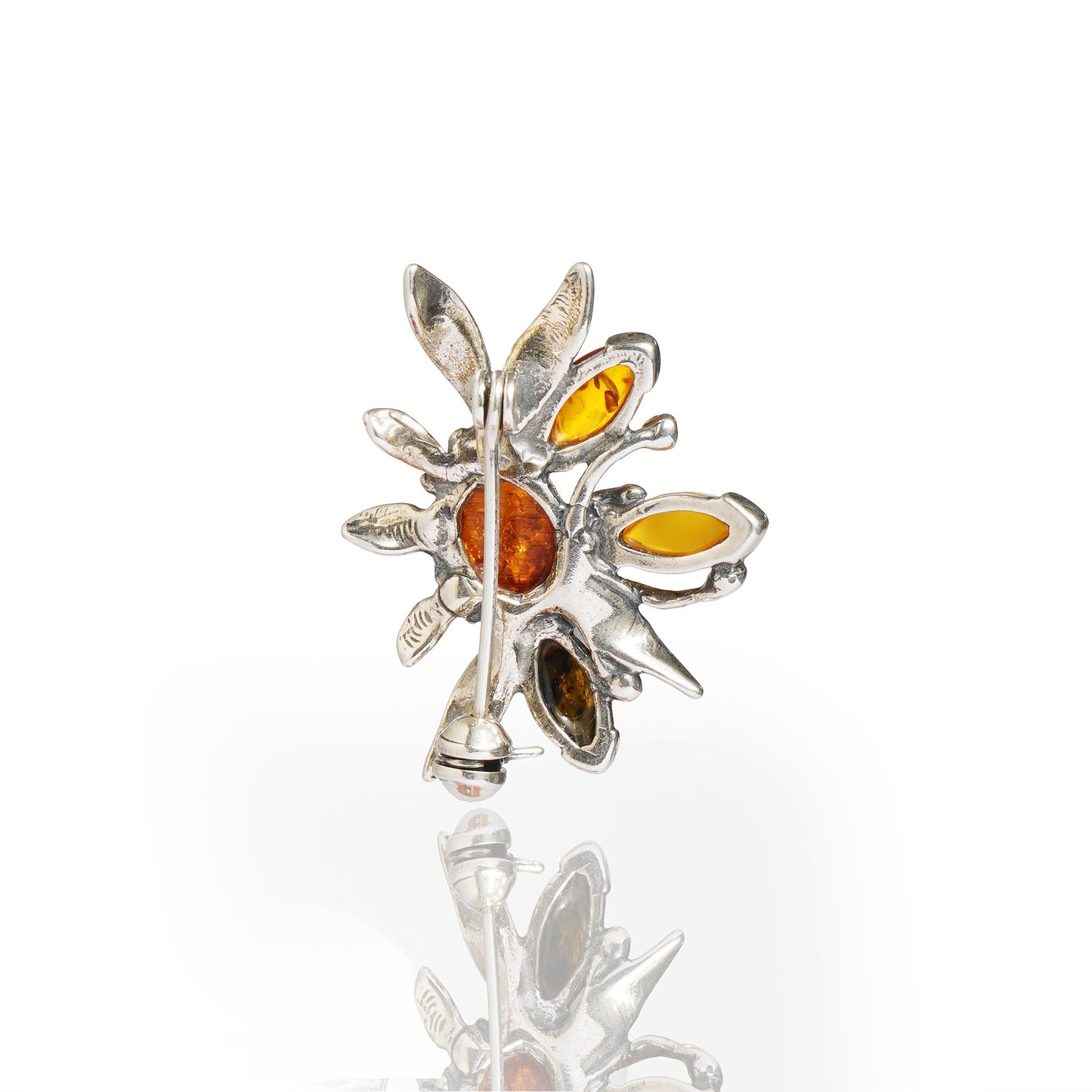 Multicolor Baltic Amber Leaves Brooch in Sterling Silver